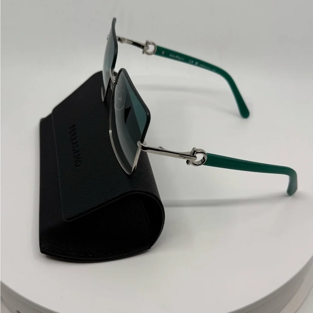 NEW! Salvatore Ferragamo Rectangle Sunglasses Silver Frame /Turquoise Gradient